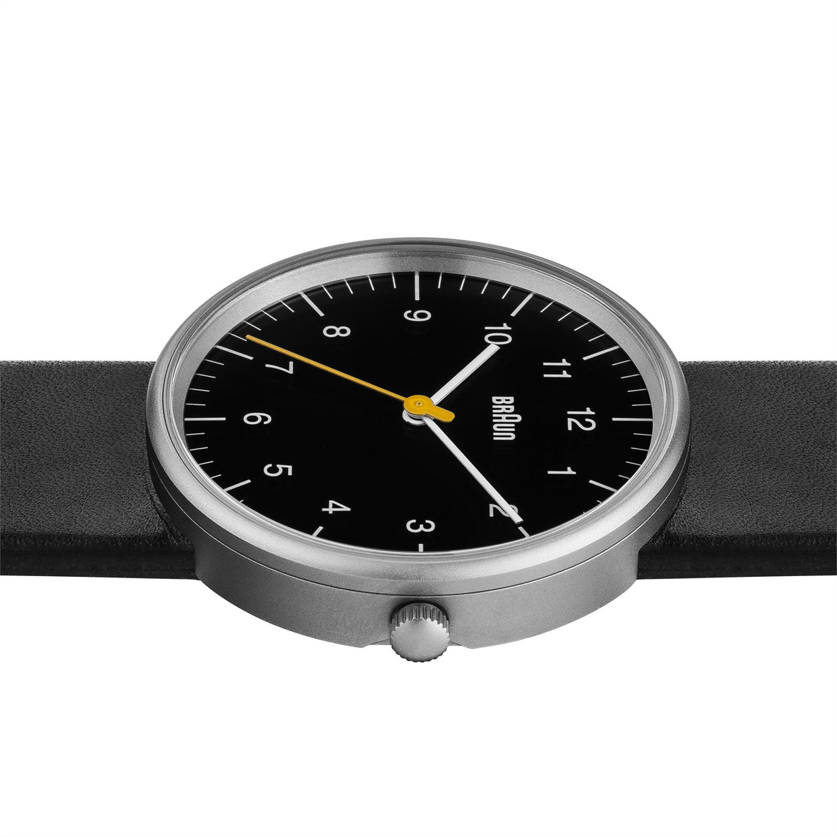 Men's Braun quartz watch with black dial, black leather strap, silver case and crown