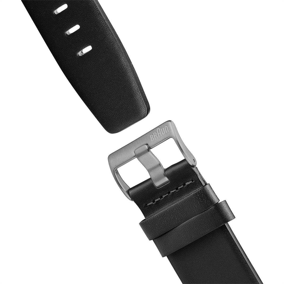 Braun watch leather strap detail with silver buckle clasp and stitched black strap