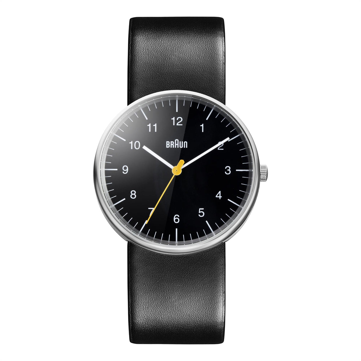 Men's Braun quartz watch with black dial, black leather strap, and round silver case