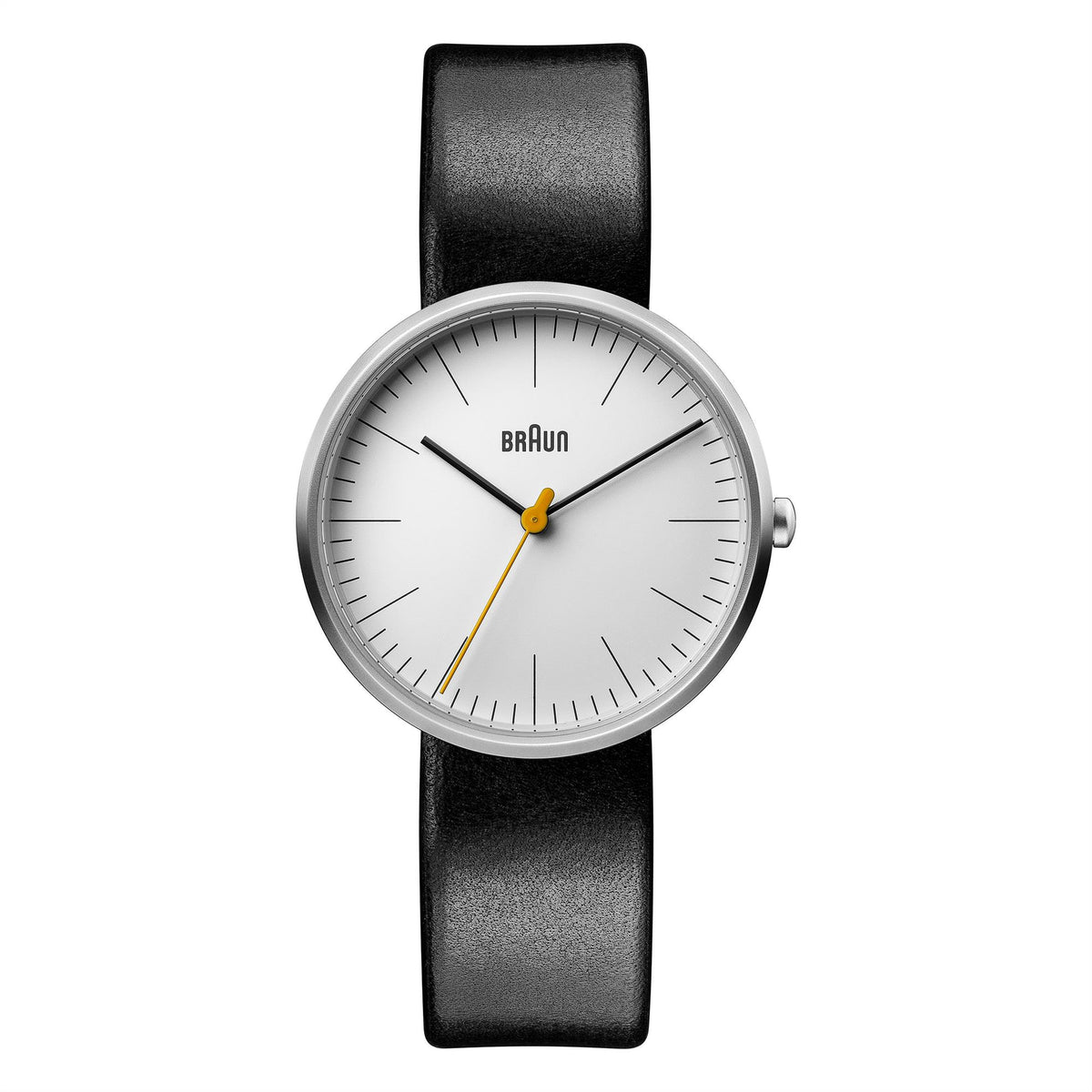 Ladies quartz watch with white dial, black leather strap, silver case, crown on right