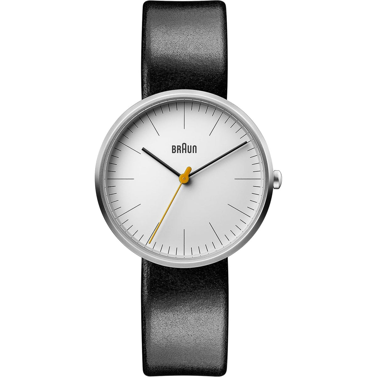Ladies quartz watch with white dial, black leather strap and silver bezel