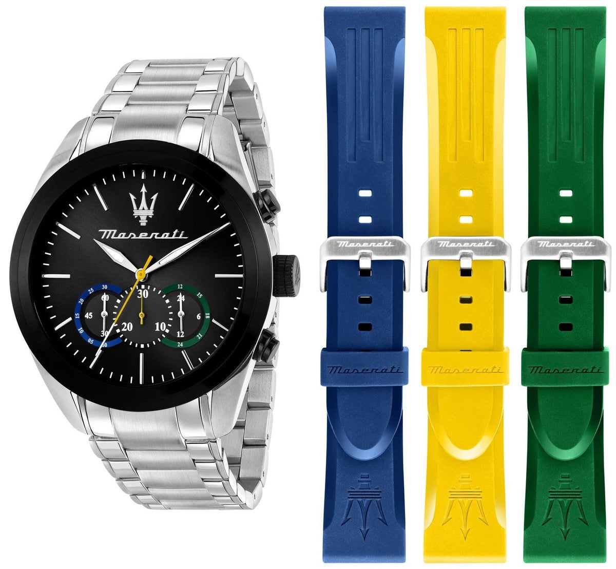 Men’s quartz chronograph watch with black dial plus blue, yellow, and green silicone straps
