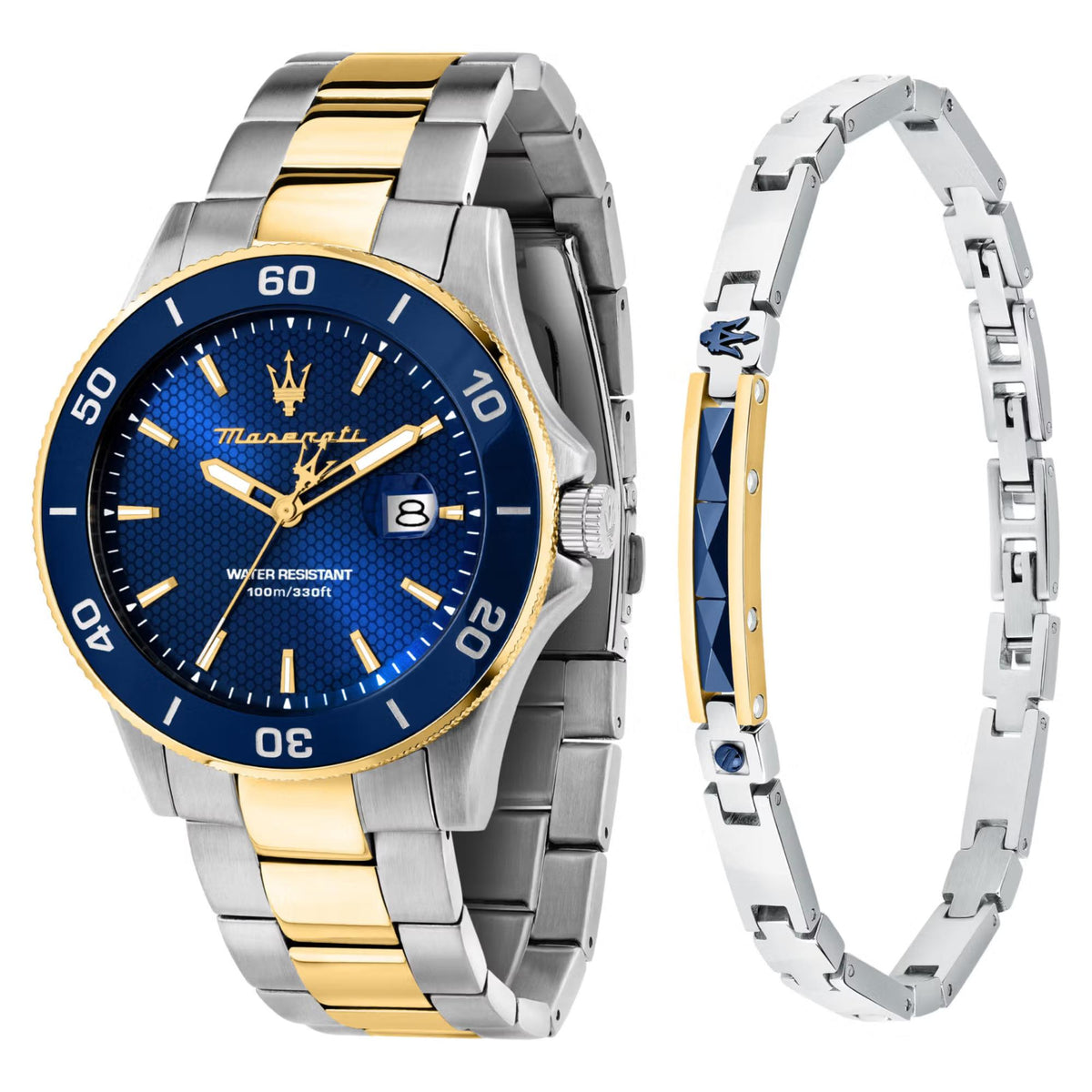 Men's Maserati watch, blue dial with gold hands and two-tone steel band