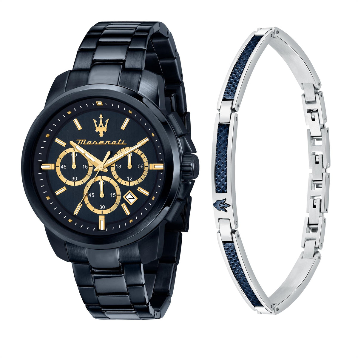 Men’s round black dial quartz chronograph with gold hands and black steel bracelet