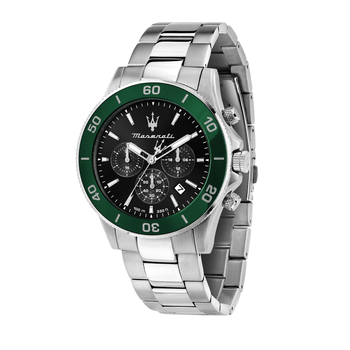 Men’s steel bracelet chronograph watch with black dial, green bezel, and crown detail