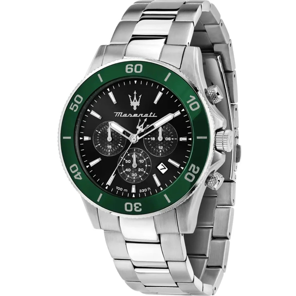 Men’s steel wristwatch, black dial with green rotating bezel and three subdials