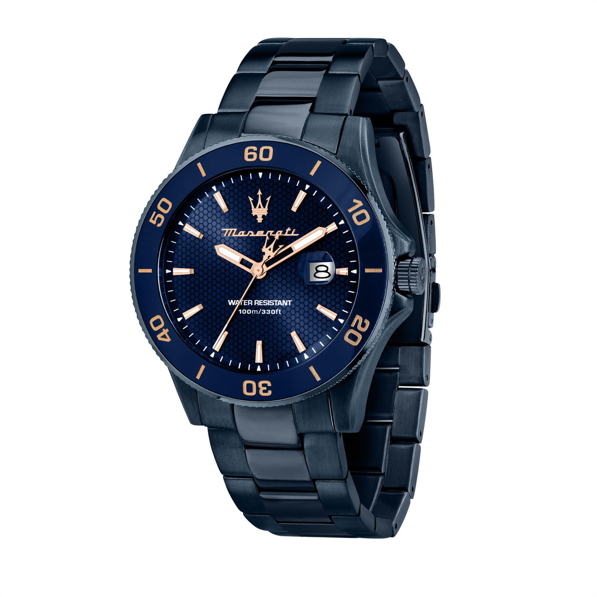 Front view of men's blue dial steel bracelet quartz watch with gold-tone hands