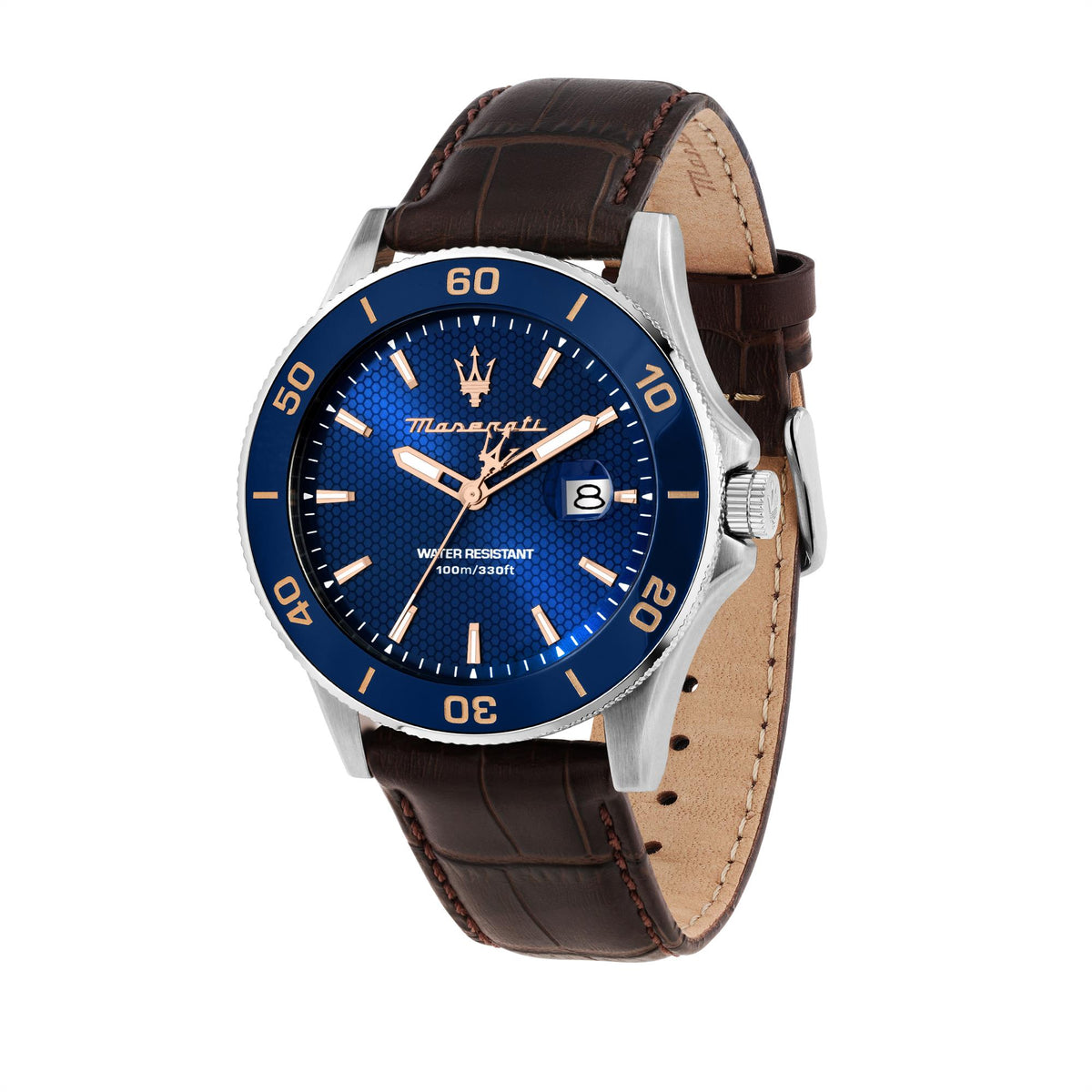 Maserati Competizione men’s watch, blue dial with minute markers and brown leather strap