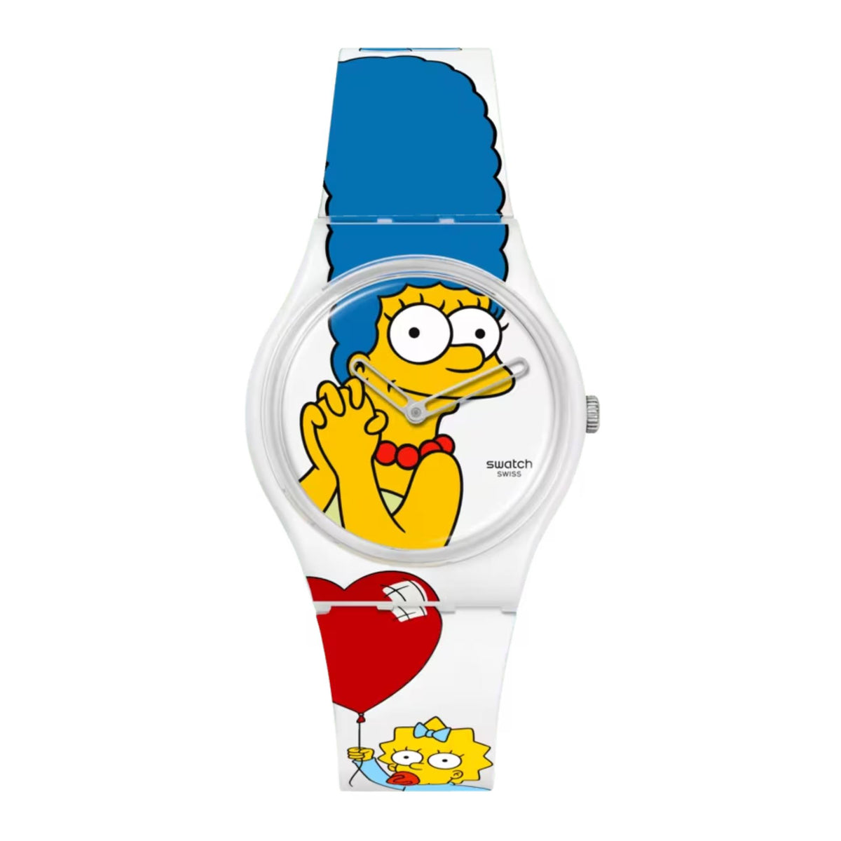 Front view of white Swatch ladies watch with round Homer Simpson face and red heart strap