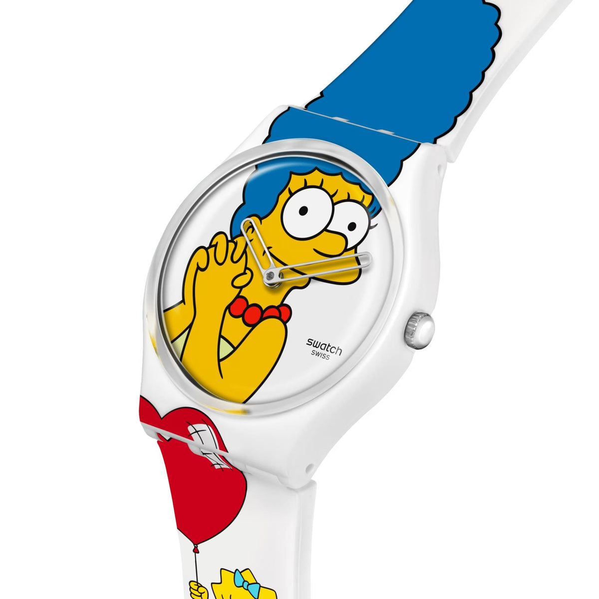 Ladies wristwatch with curved white case, Simpsons character face on blue-themed dial
