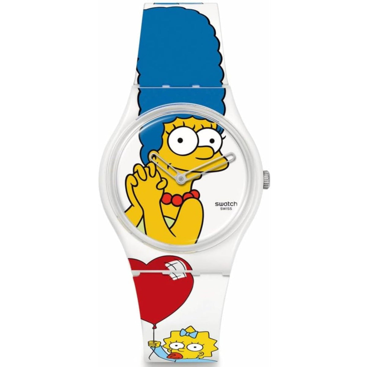 Ladies wristwatch with white strap, colorful Simpsons character face dial and red heart accent