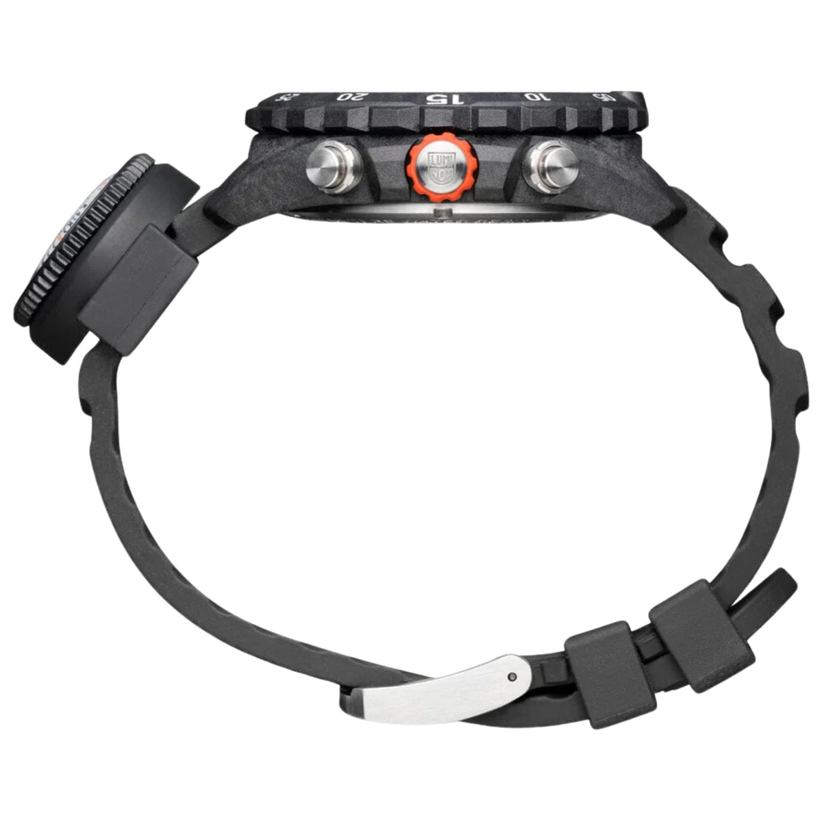 Luminox Bear Grylls Survival Master XB.3748 orange crown and steel pushers detail