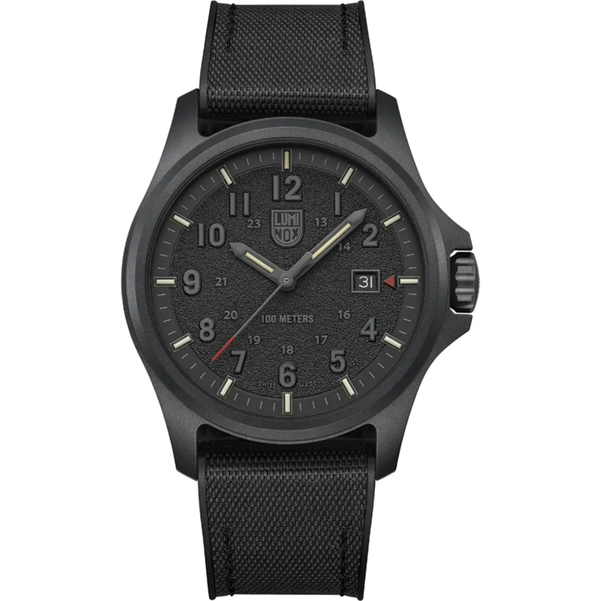 Men's black rubber strap quartz field watch with dark dial, markers, and date window