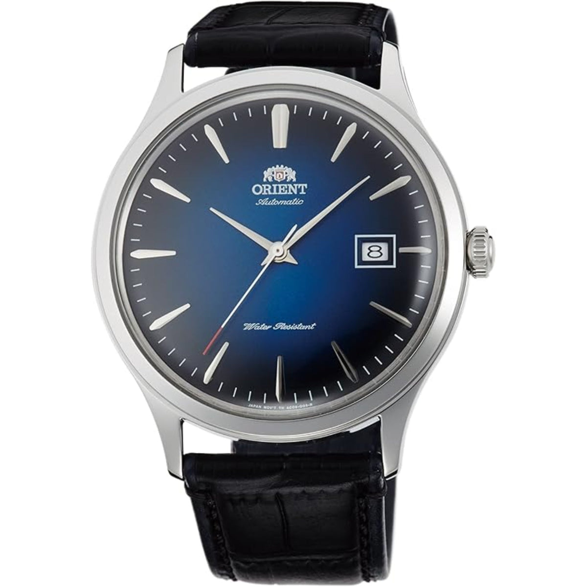Men's automatic watch front view: blue dial, stainless case, black leather strap, date
