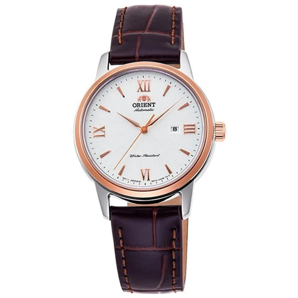 Ladies automatic watch front with white dial, Roman numerals, brown leather strap, rose-gold rim