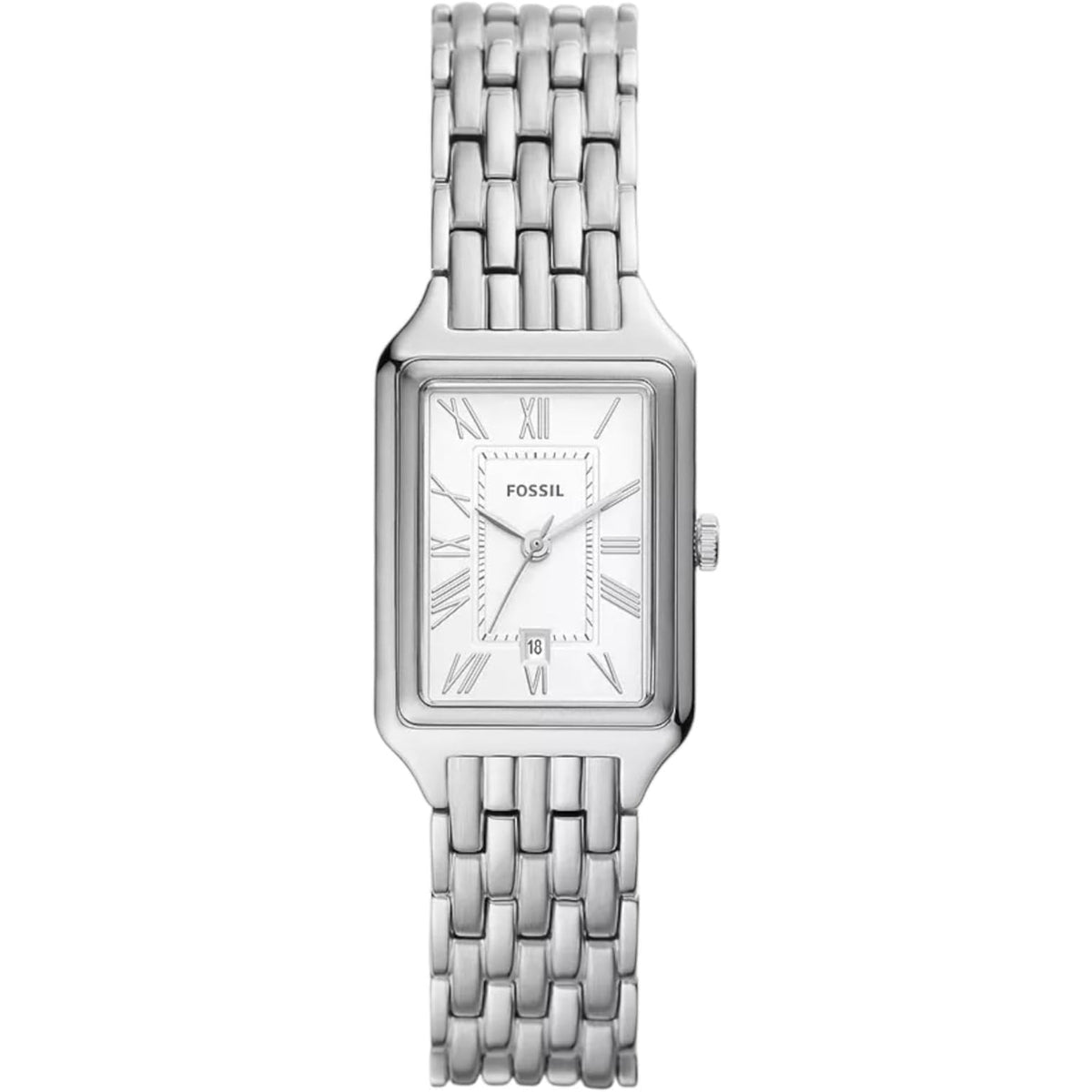 Front view of the Fossil Raquel ES5221 ladies watch featuring a rectangular silver dial, Roman numeral hour markers, and a stainless steel link bracelet