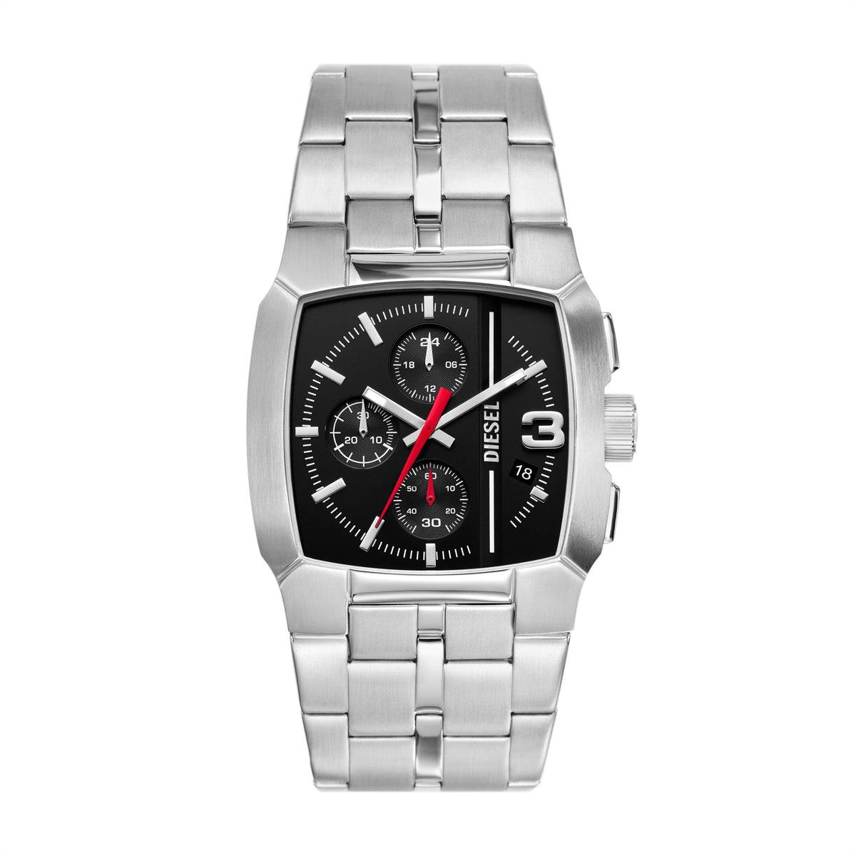 Men's steel chronograph watch, octagonal case, black dial with red accents and subdials