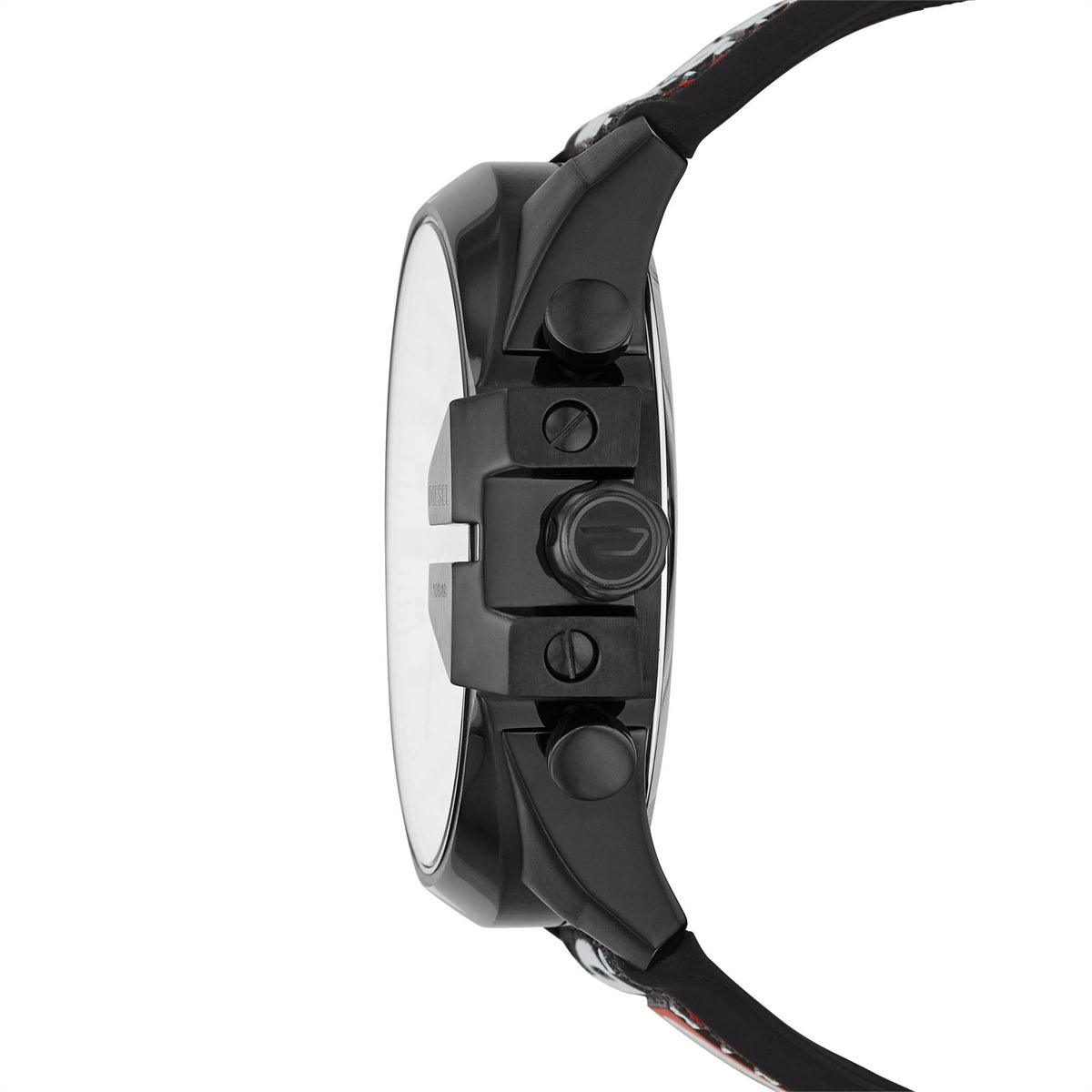Men's chronograph watch side profile, black case with crown and strap stitching, black fabric band