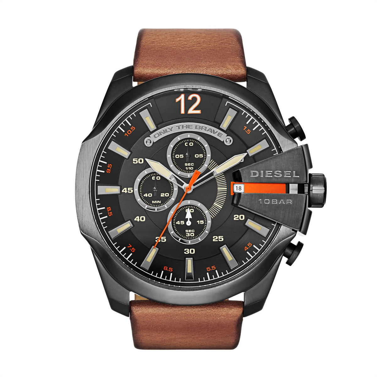 Men's Diesel Mega Chief chronograph watch, black dial with orange accents, brown strap.