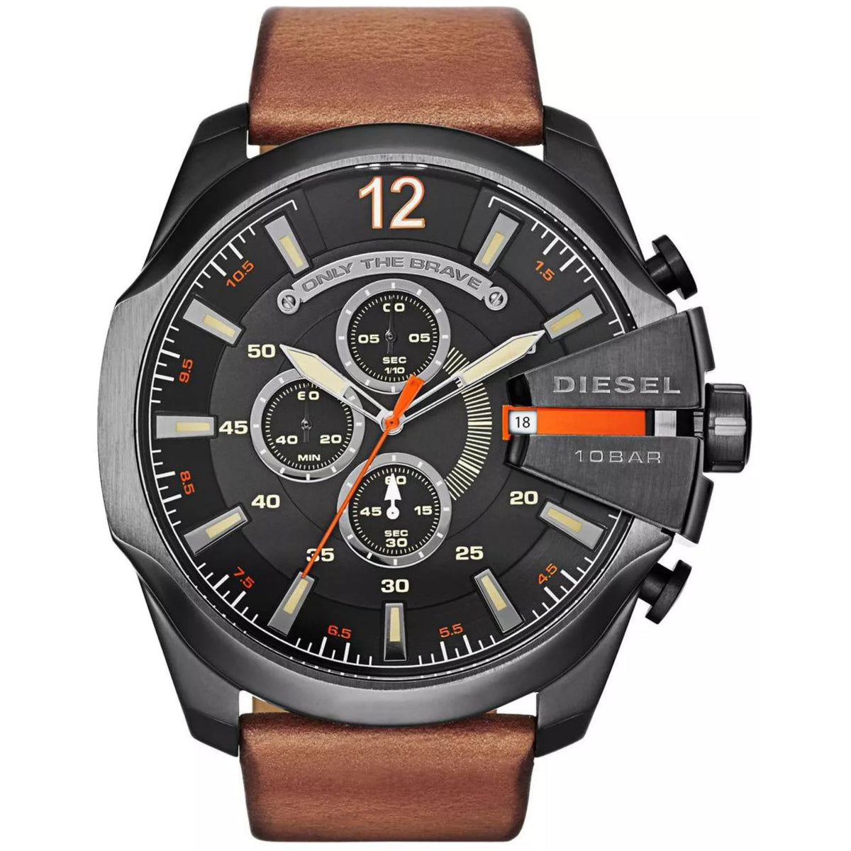 Diesel Mega Chief men's quartz chronograph watch with black dial, brown leather strap.
