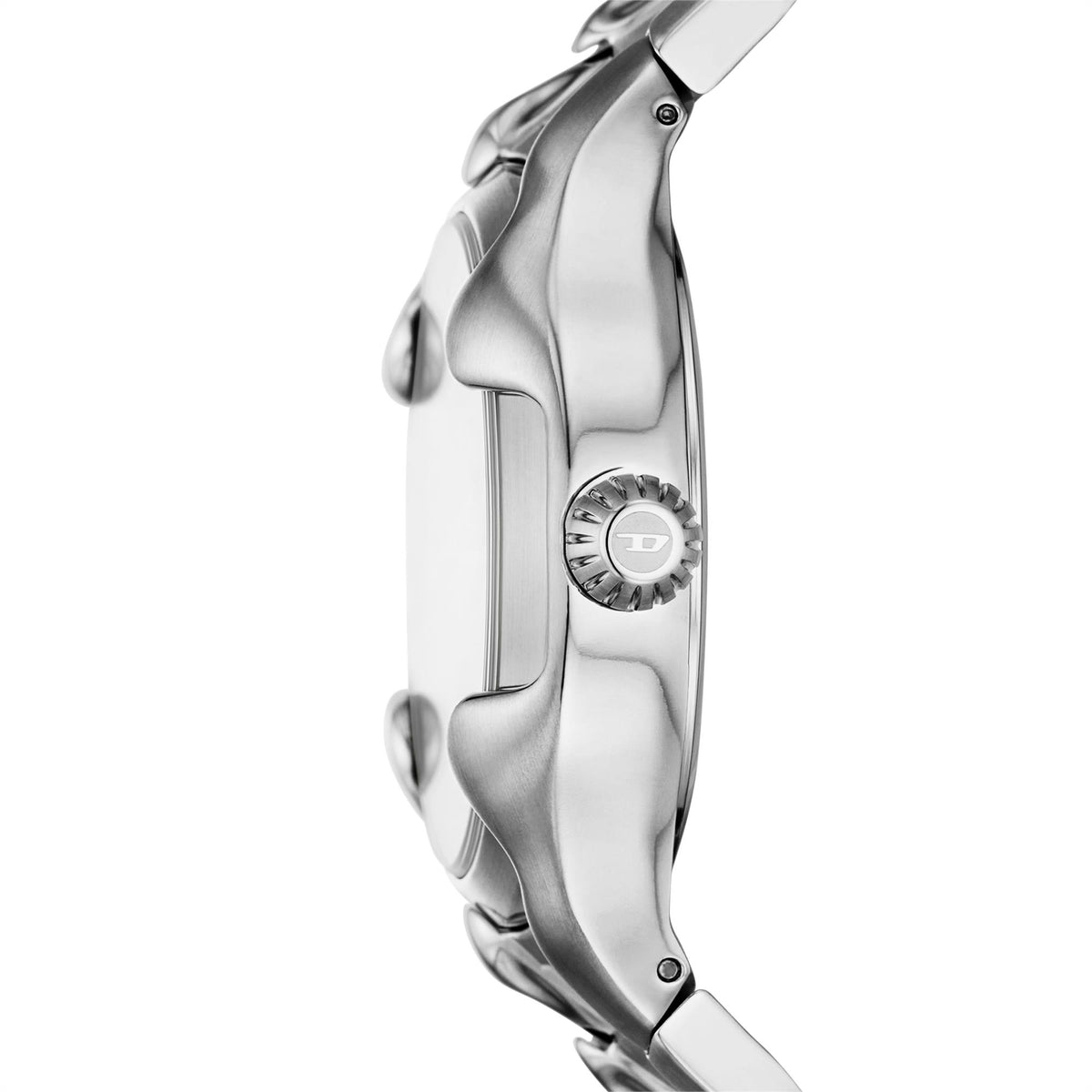 Stainless steel watch case side profile with crown near the right edge