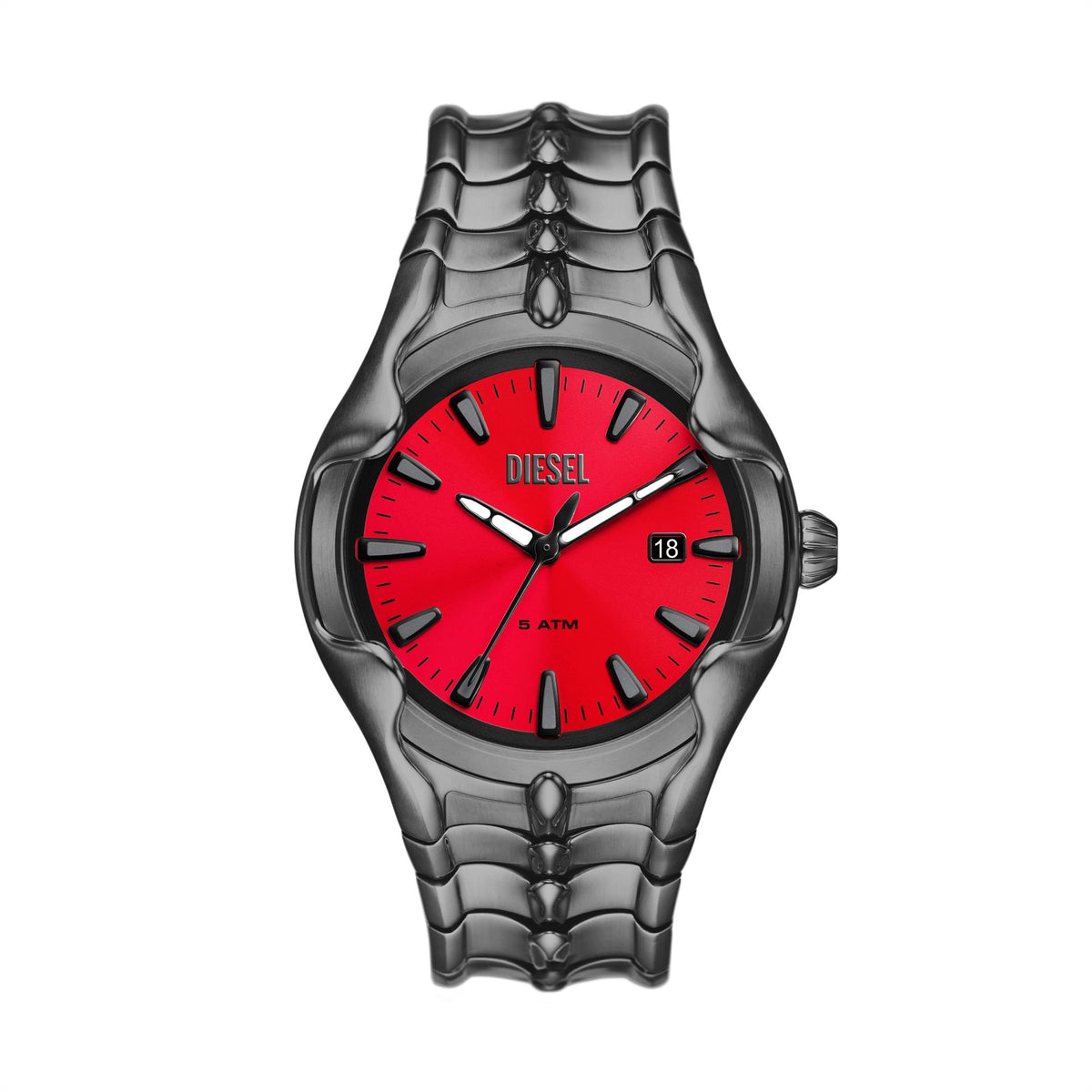 Men's Diesel quartz watch front view with bold red dial, black steel case, and bracelet