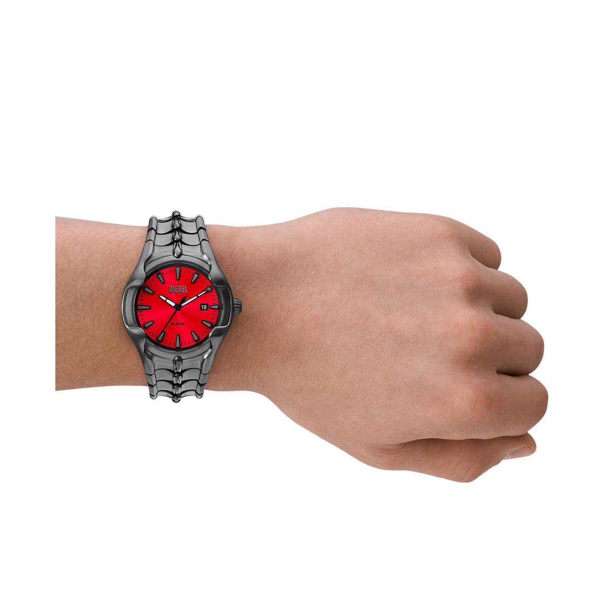 Men's Diesel quartz watch on hand with red dial and dark textured steel bracelet