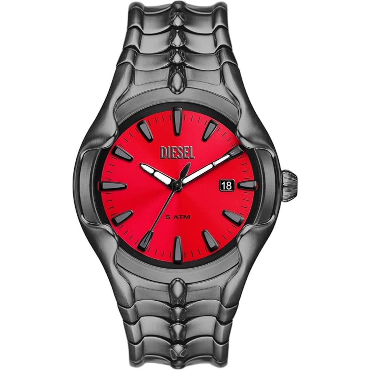 Men's Diesel quartz watch close front view with red dial, black hands, and date window