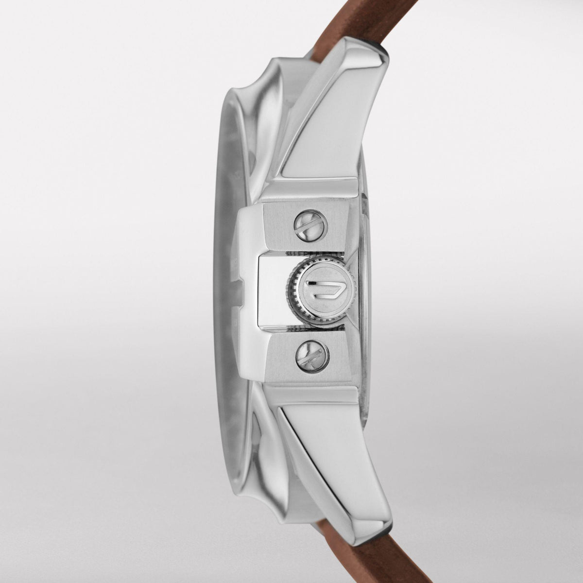 Men's quartz watch side profile with silver case details and brown leather strap