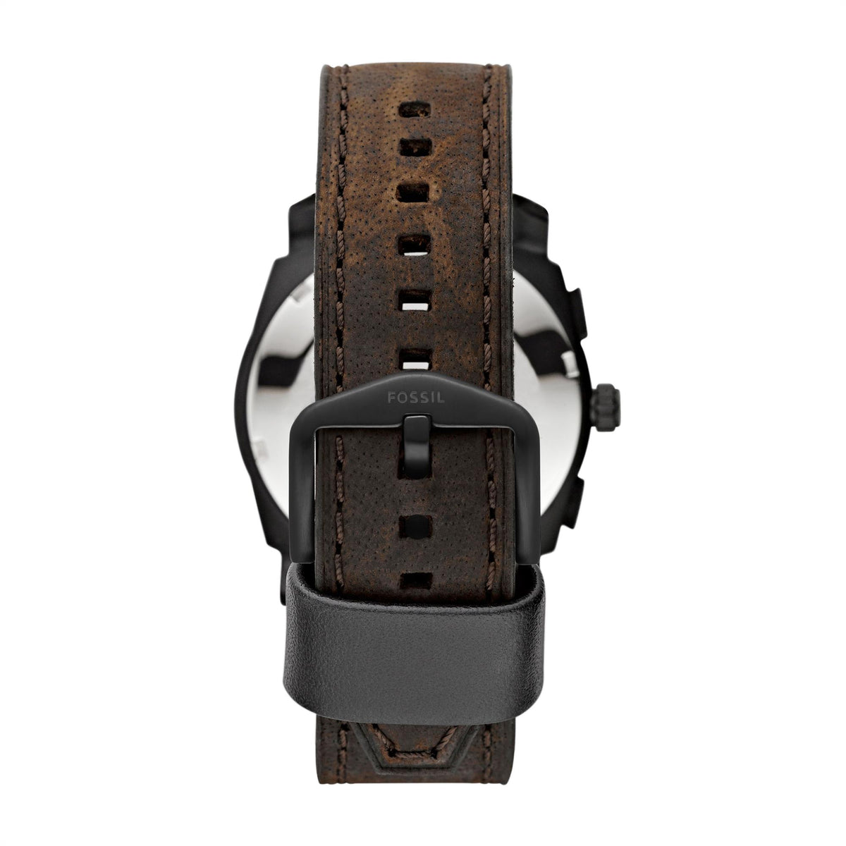 Men's chronograph watch back view: brown leather strap with strap holes and buckle