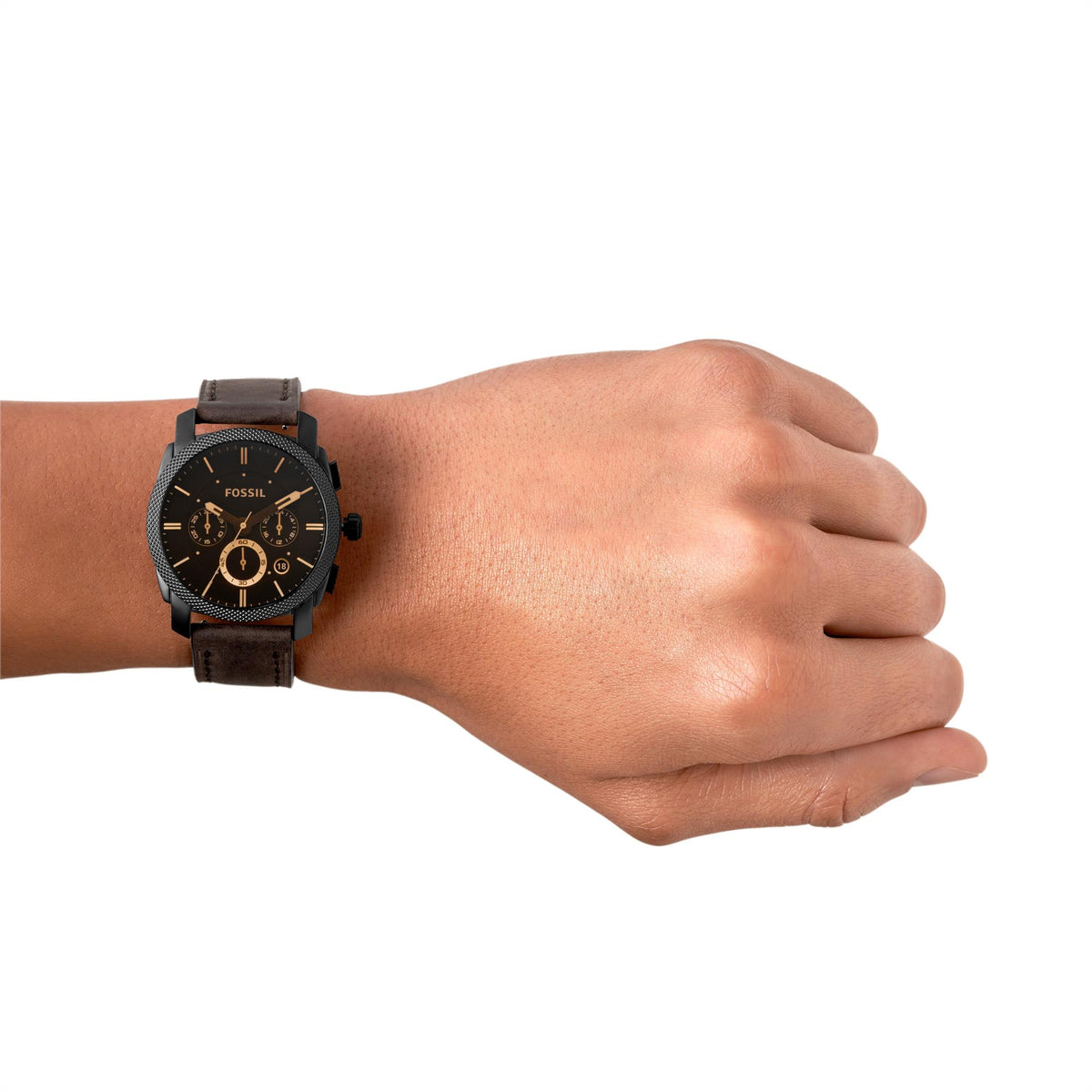 Men's chronograph quartz watch on wrist with black dial and brown leather band
