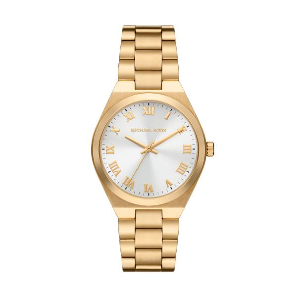 Gold-tone watch with white dial and Roman numerals, gold hands and markers