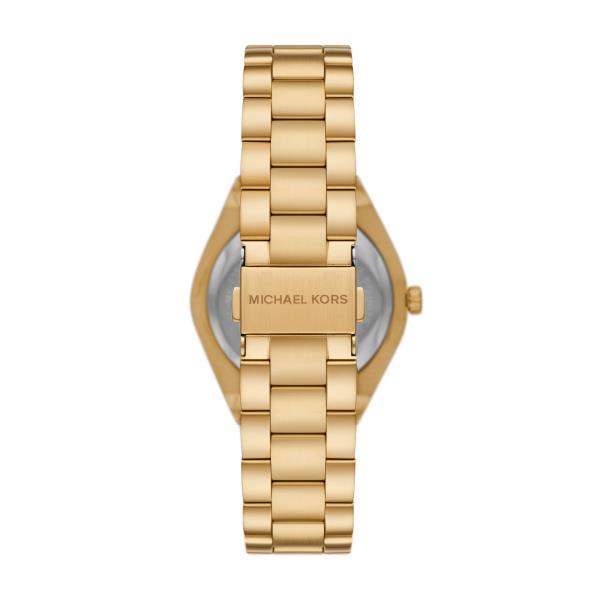 Gold-tone stainless steel bracelet watch with white dial and round gold case