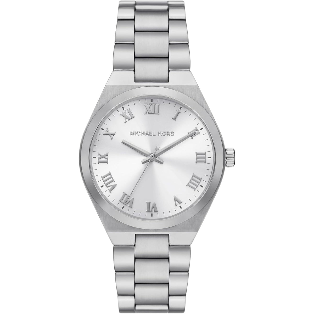 Women's silver-tone wristwatch with white dial, Roman numerals, three-hand face, bracelet