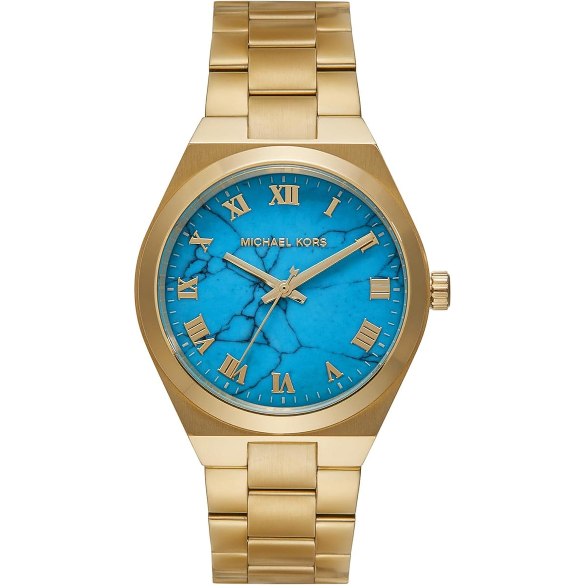 Gold-tone women’s wrist watch featuring a round blue dial and Roman numeral hour markers.