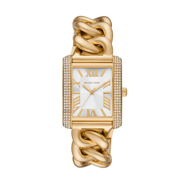 Gold-tone rectangular face watch with white dial and Roman numeral markers
