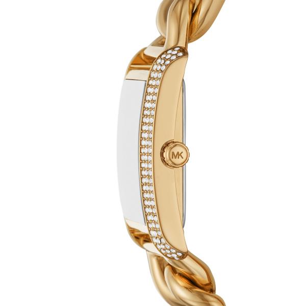 Gold-tone watch side view with rhinestone trim and MK round logo
