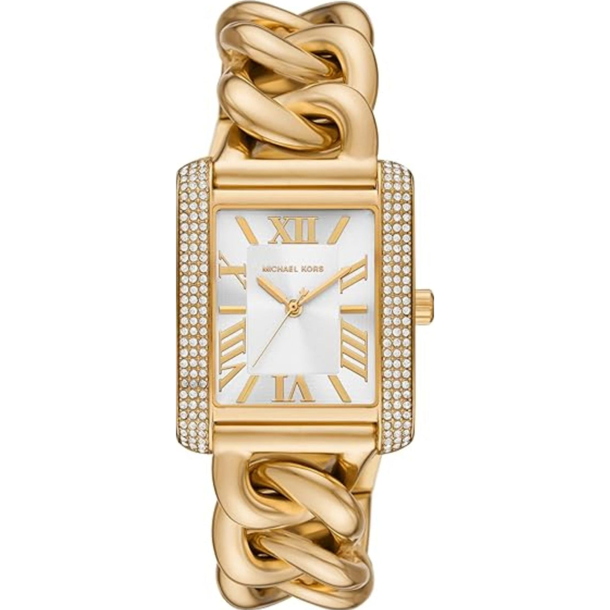 Gold-tone rectangular watch with white dial, Roman numerals, and jewel accents