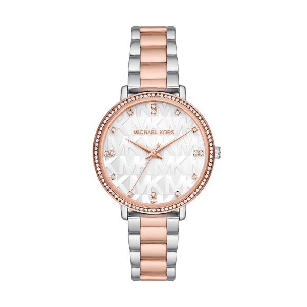 Women's watch with white dial, crystal ring bezel, rose-pink bracelet accents