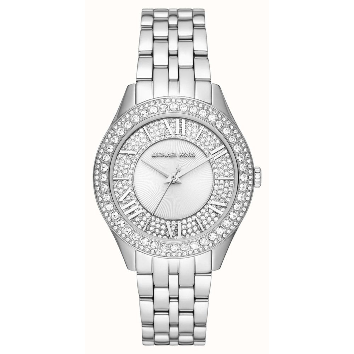 Silver-tone watch featuring crystal bezel and textured white dial, full front view.