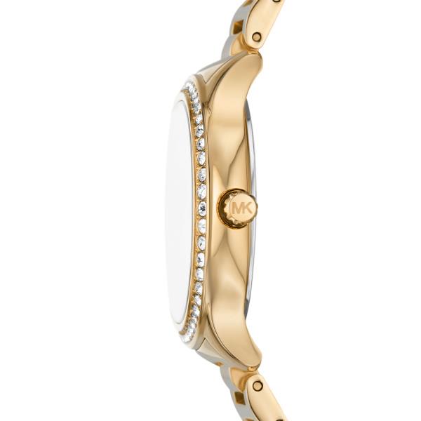 Gold-tone watch side view with crystal bezel edge and MK-style emblem on case