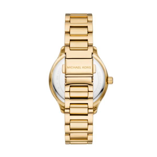 Gold-tone women’s watch with white dial and crown, showing three-link bracelet profile