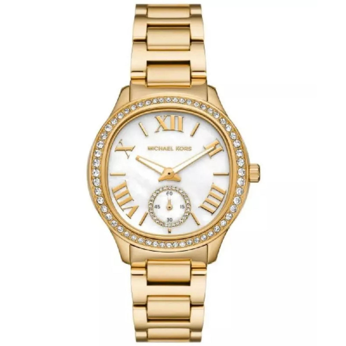 Gold-tone women’s watch with white dial, Roman numerals, crystal bezel, and subdial