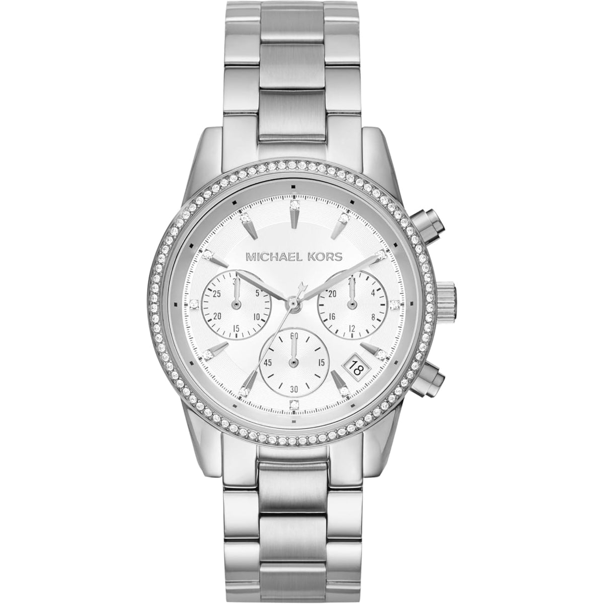 Crystal-studded silver dial chronograph watch with stainless steel bracelet