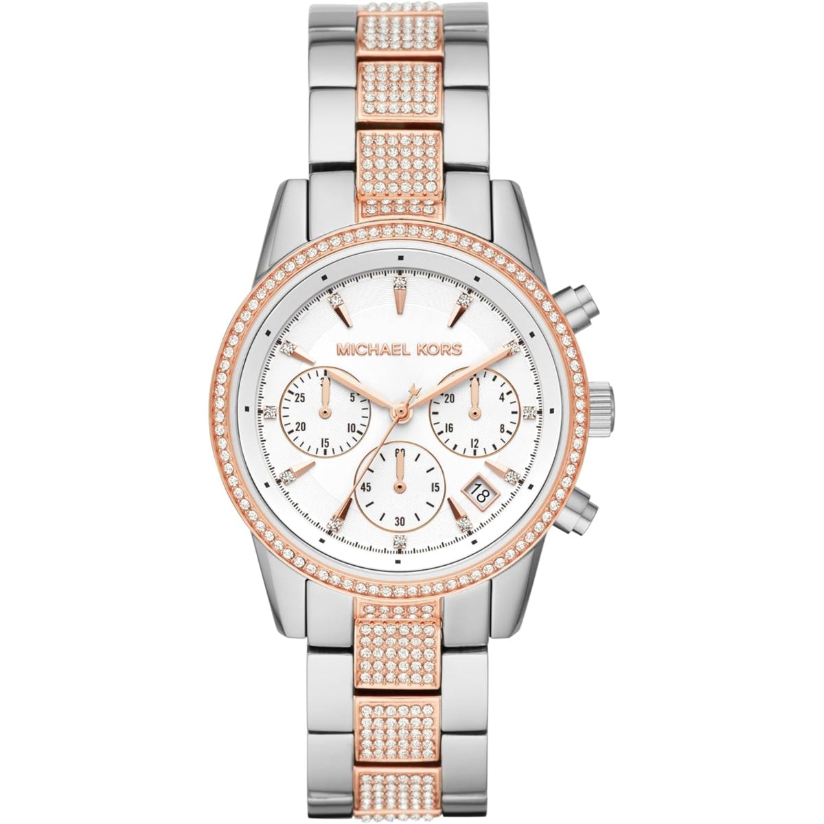 Two-tone chronograph watch with silver dial, rose-gold crystal bezel and metal bracelet