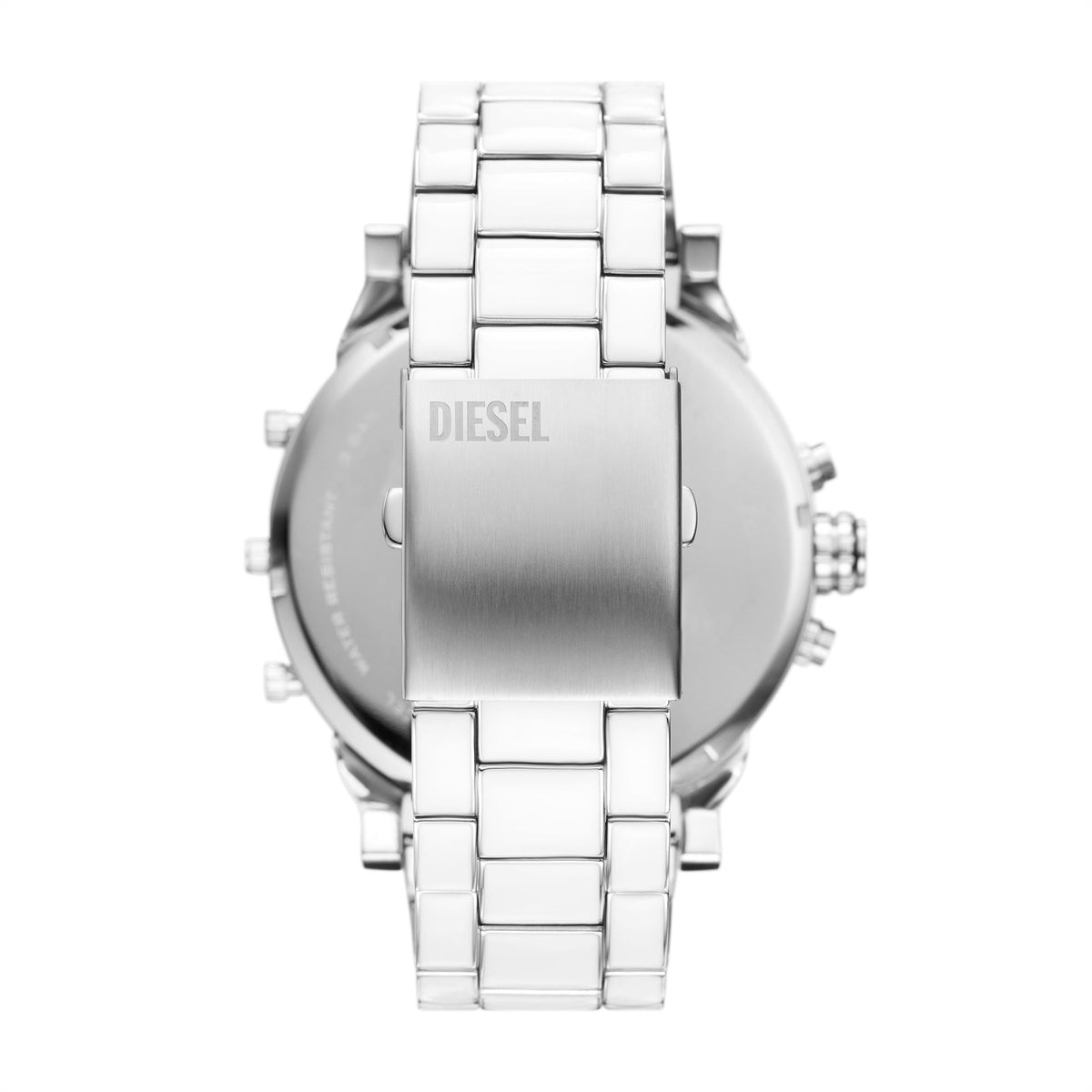 Men’s silver steel watch back view with “DIESEL” branding and link bracelet
