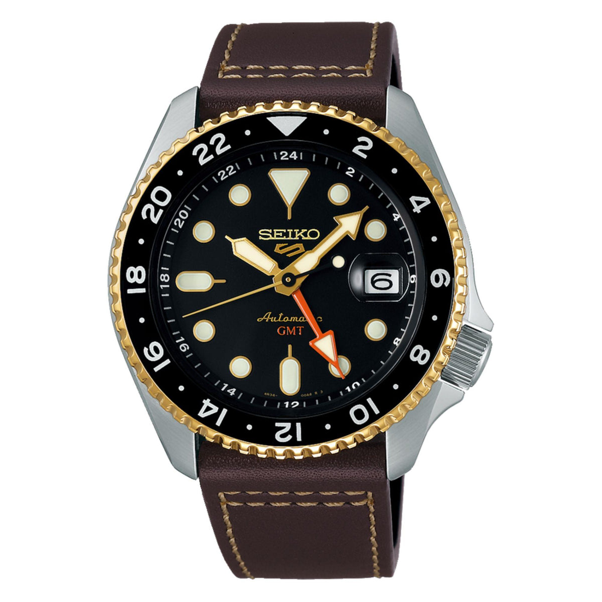 Men's GMT automatic watch with black dial, gold bezel, brown leather strap.