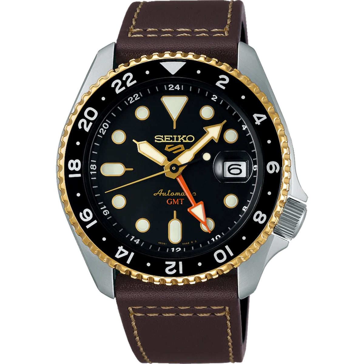 Men's GMT automatic watch, angled view; black dial, gold-tone bezel, brown leather strap.