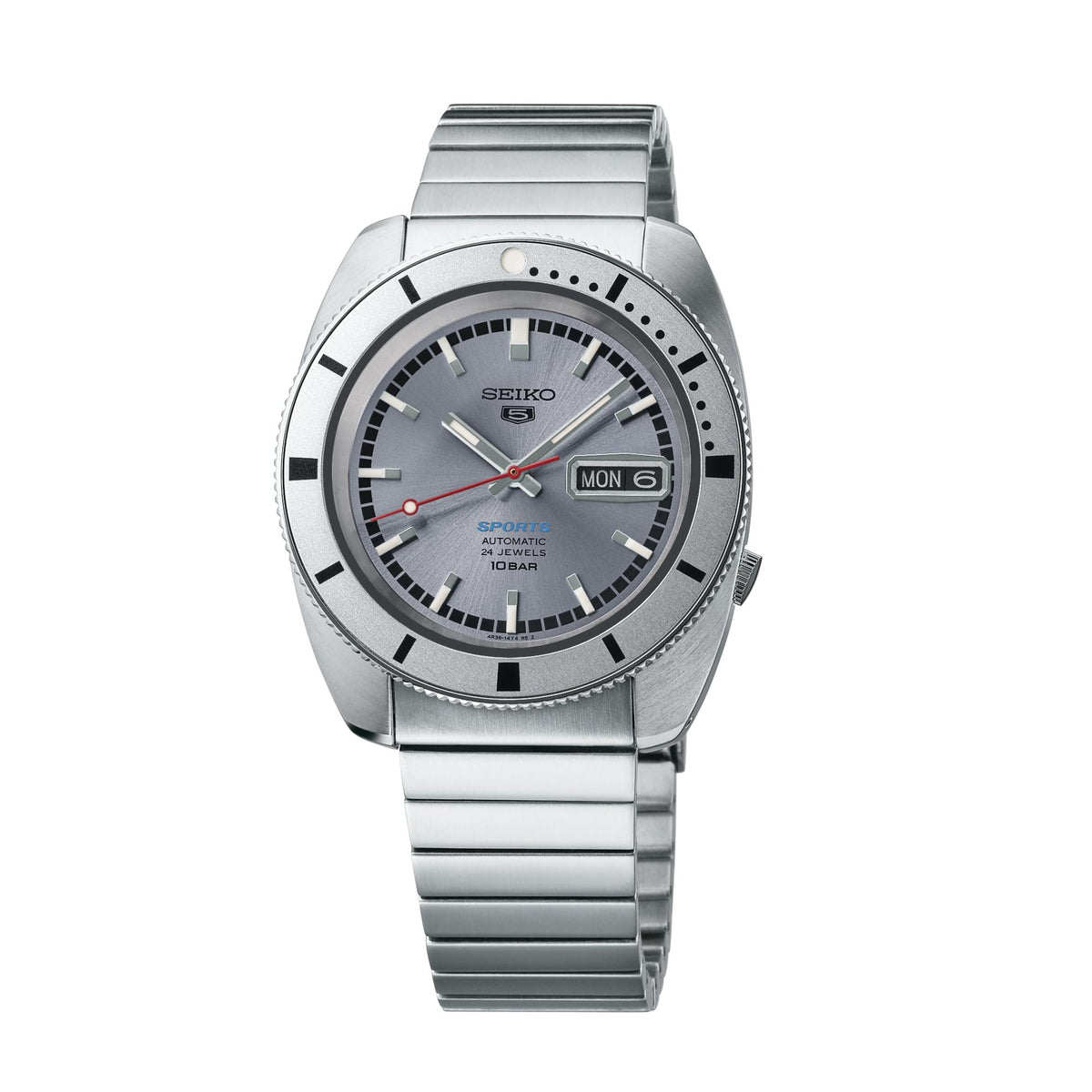 Seiko 5 Sports 'Ash Blue' 1968 Recreation Limited Edition SPRL03K1 full view with retro stainless steel bracelet