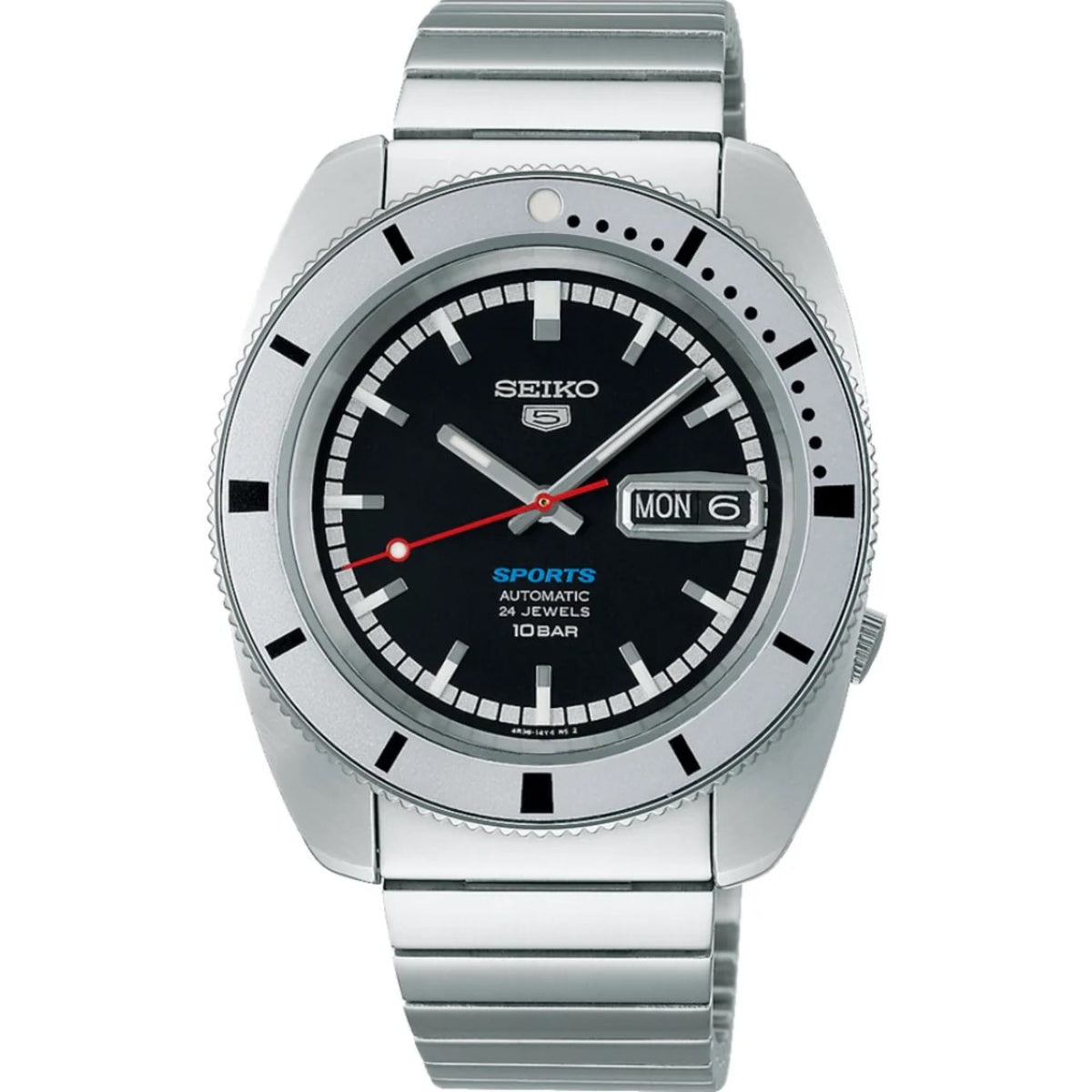 Seiko 5 Sports SRPL05K1 black dial front view on white background